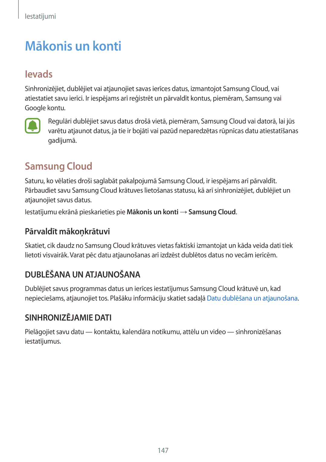 Samsung SM-G920FZBASEB manual Mākonis un konti, Samsung Cloud, Pārvaldīt mākoņkrātuvi 