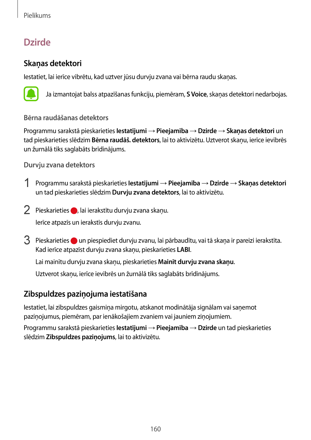 Samsung SM-G920FZBASEB manual Dzirde, Skaņas detektori, Zibspuldzes paziņojuma iestatīšana, Bērna raudāšanas detektors 