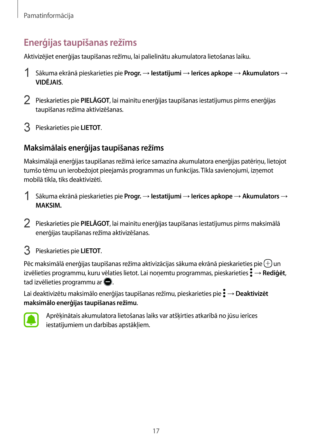 Samsung SM-G920FZBASEB manual Enerģijas taupīšanas režīms, Maksimālais enerģijas taupīšanas režīms 