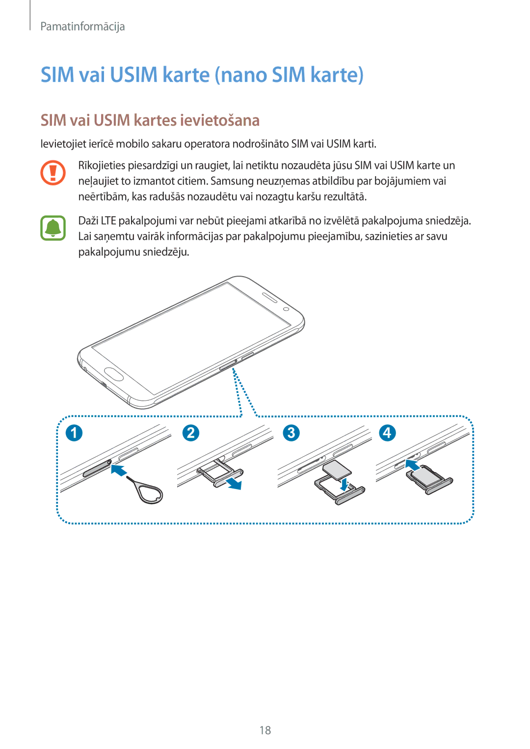 Samsung SM-G920FZBASEB manual SIM vai Usim karte nano SIM karte, SIM vai Usim kartes ievietošana 