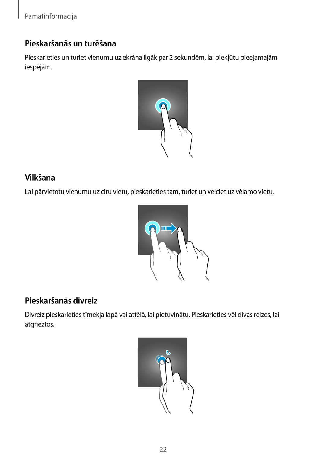 Samsung SM-G920FZBASEB manual Pieskaršanās un turēšana, Vilkšana, Pieskaršanās divreiz 