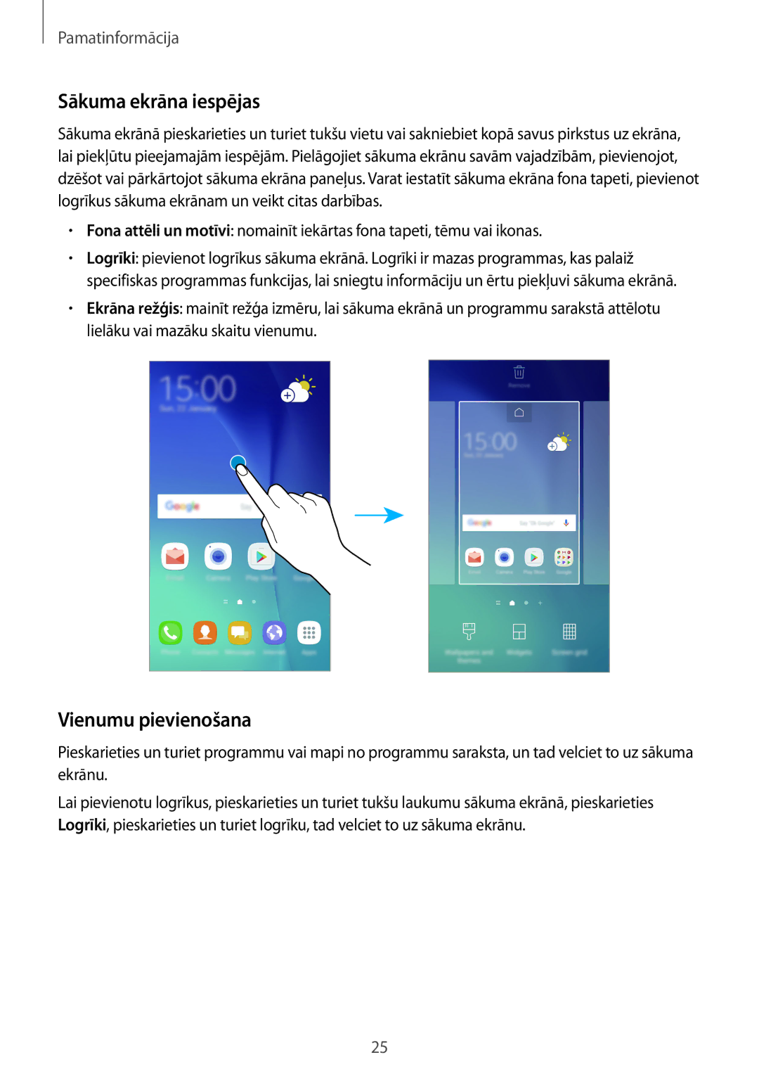 Samsung SM-G920FZBASEB manual Sākuma ekrāna iespējas, Vienumu pievienošana 