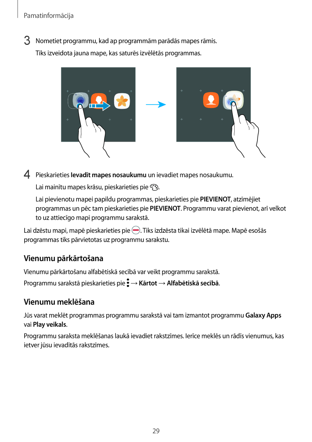 Samsung SM-G920FZBASEB manual Vienumu pārkārtošana, Vienumu meklēšana 