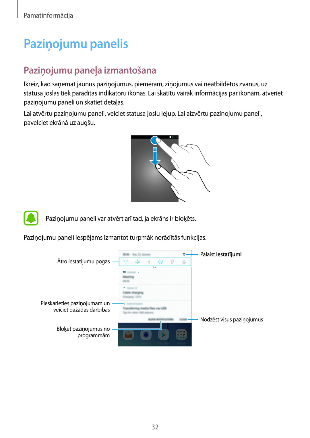 Samsung SM-G920FZBASEB manual Paziņojumu panelis, Paziņojumu paneļa izmantošana 