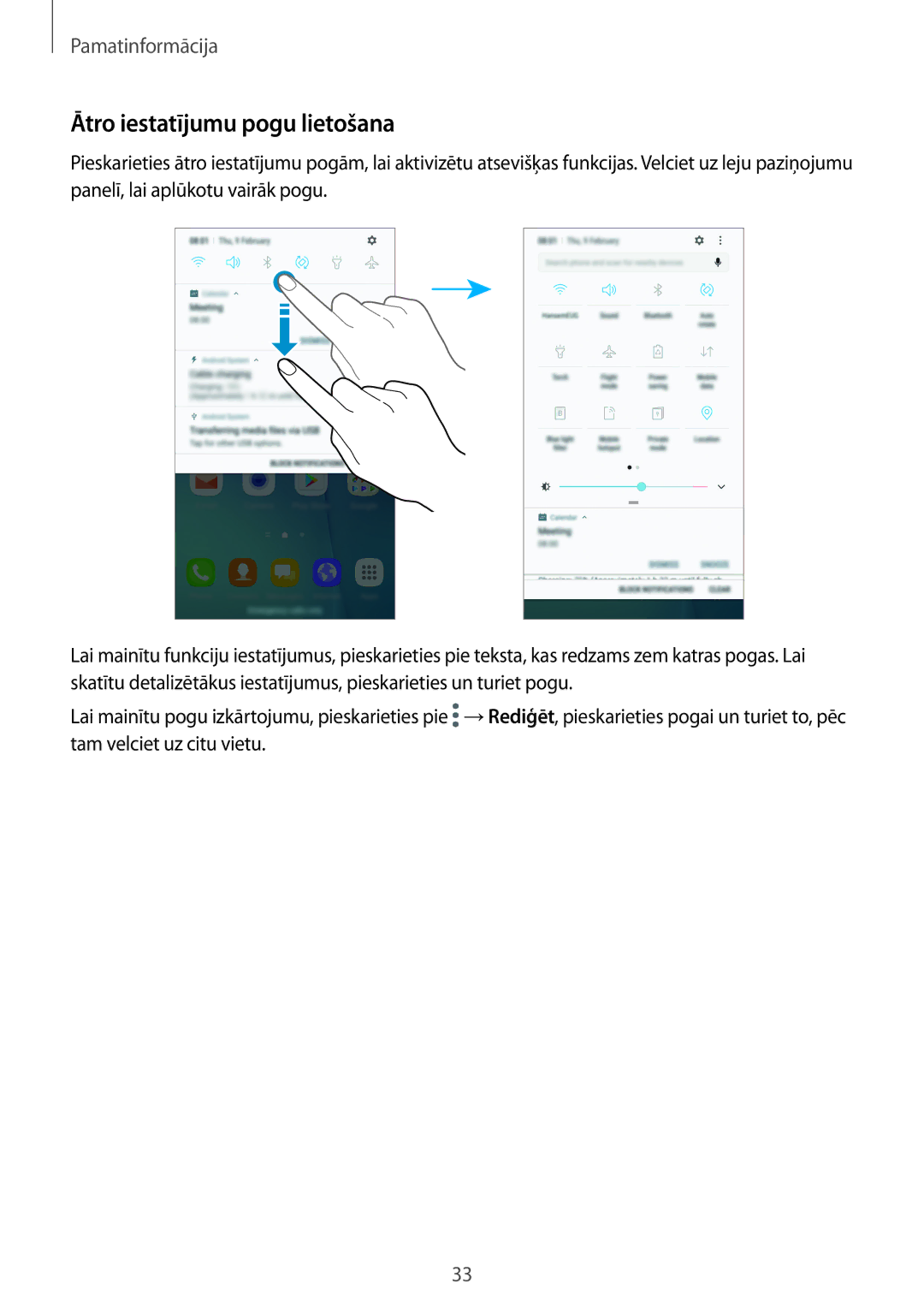 Samsung SM-G920FZBASEB manual Ātro iestatījumu pogu lietošana 