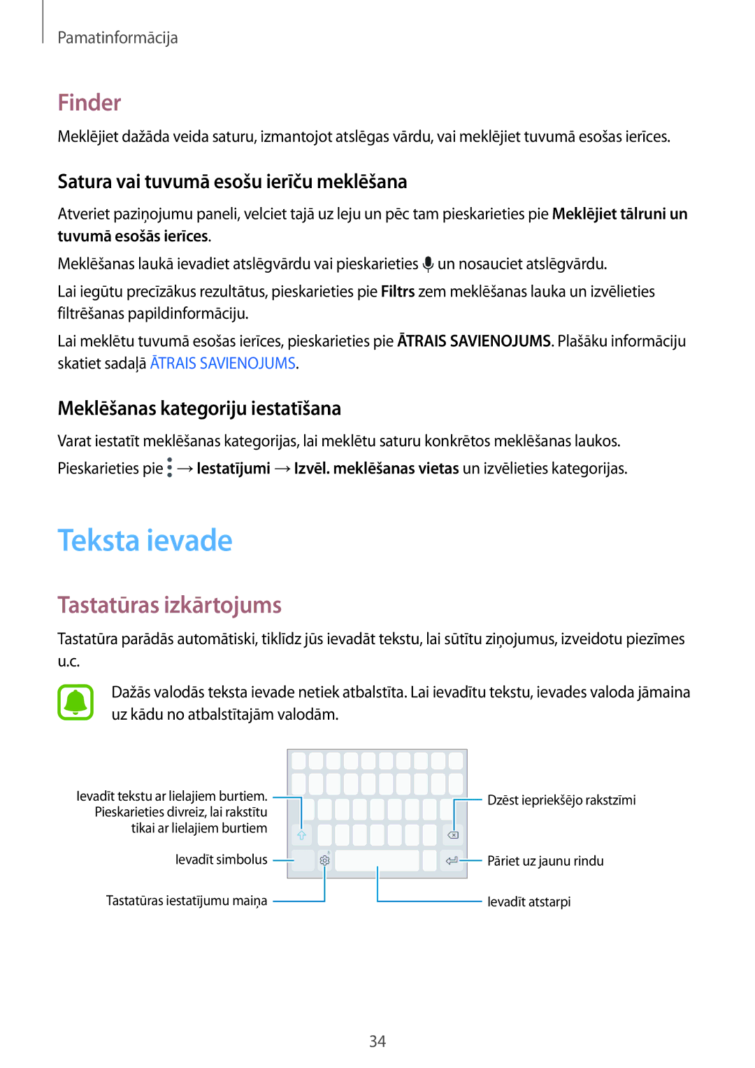 Samsung SM-G920FZBASEB manual Teksta ievade, Finder, Tastatūras izkārtojums, Satura vai tuvumā esošu ierīču meklēšana 