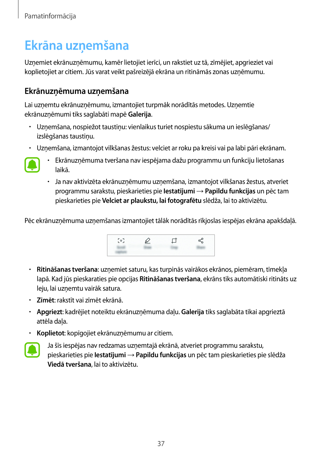 Samsung SM-G920FZBASEB manual Ekrāna uzņemšana, Ekrānuzņēmuma uzņemšana 