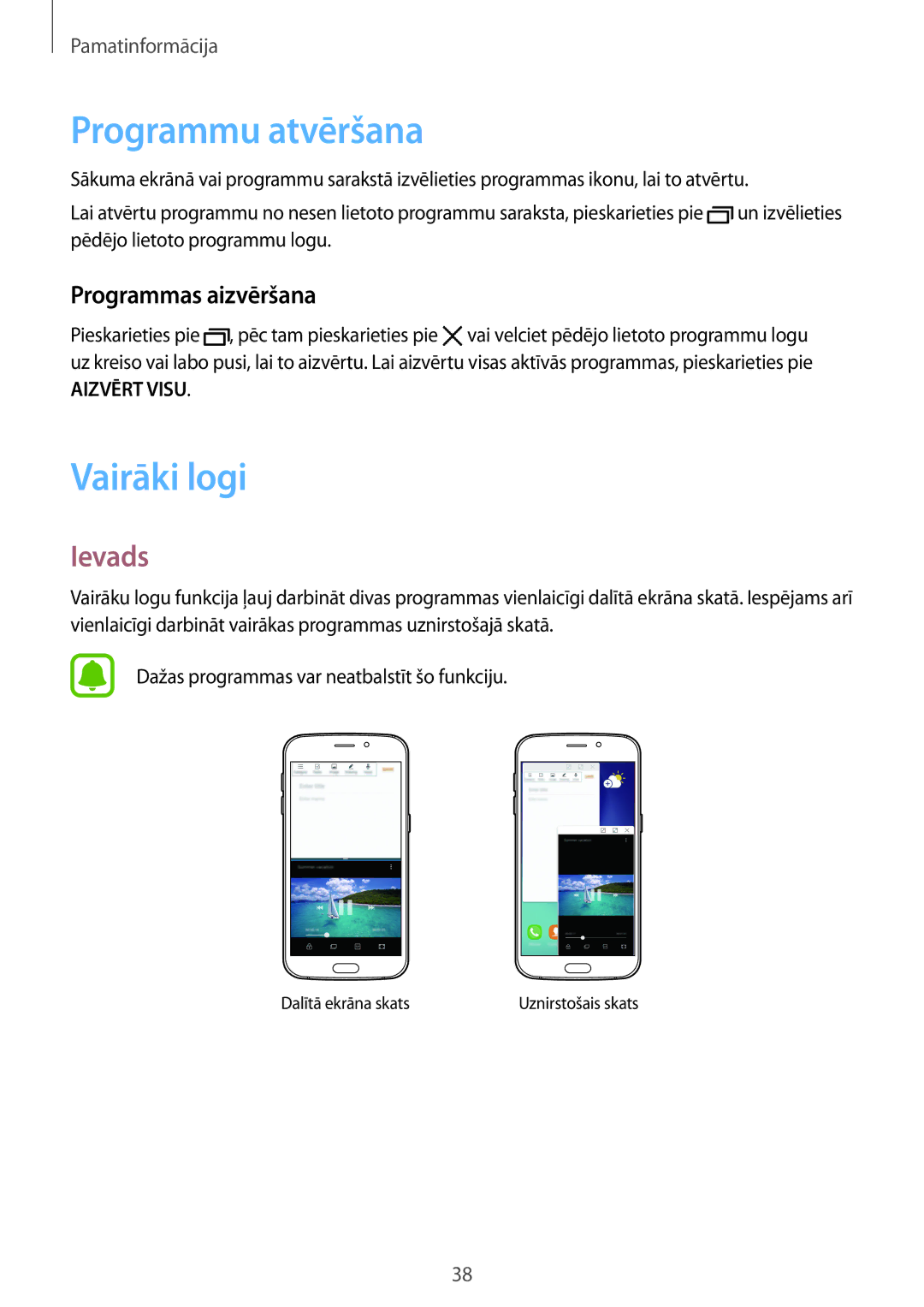 Samsung SM-G920FZBASEB manual Programmu atvēršana, Vairāki logi, Ievads, Programmas aizvēršana 