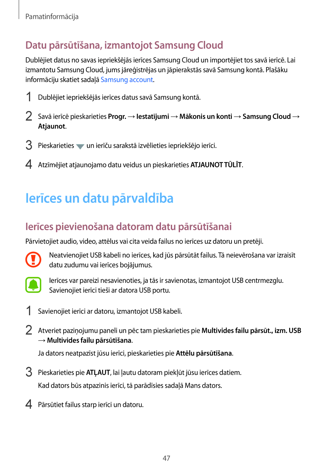 Samsung SM-G920FZBASEB manual Ierīces un datu pārvaldība, Datu pārsūtīšana, izmantojot Samsung Cloud 