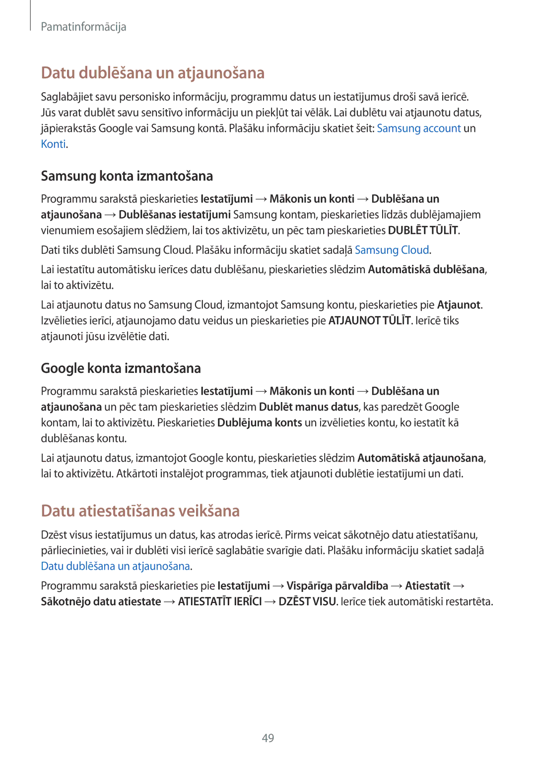 Samsung SM-G920FZBASEB manual Datu dublēšana un atjaunošana, Datu atiestatīšanas veikšana, Samsung konta izmantošana 