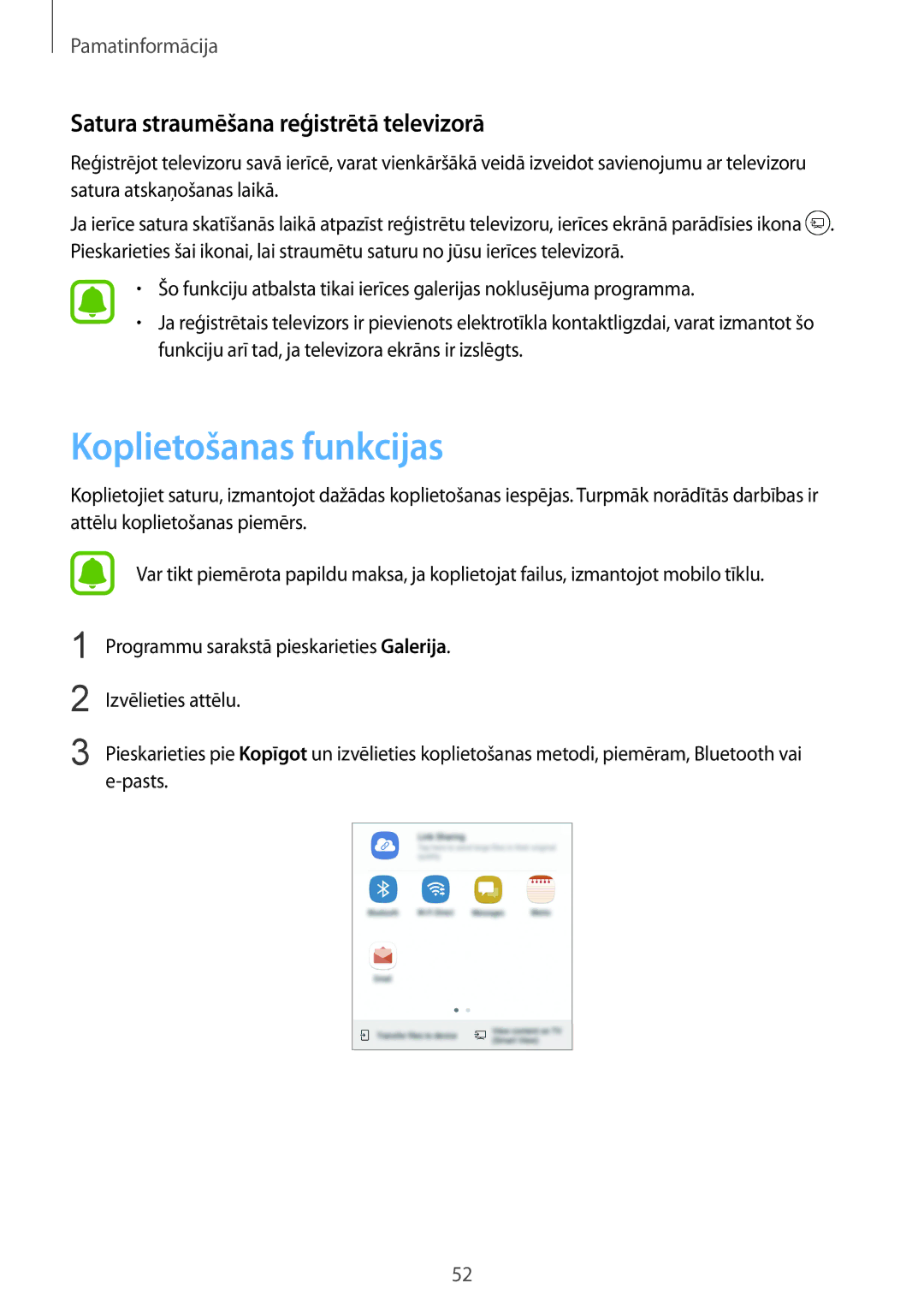 Samsung SM-G920FZBASEB manual Koplietošanas funkcijas, Satura straumēšana reģistrētā televizorā 