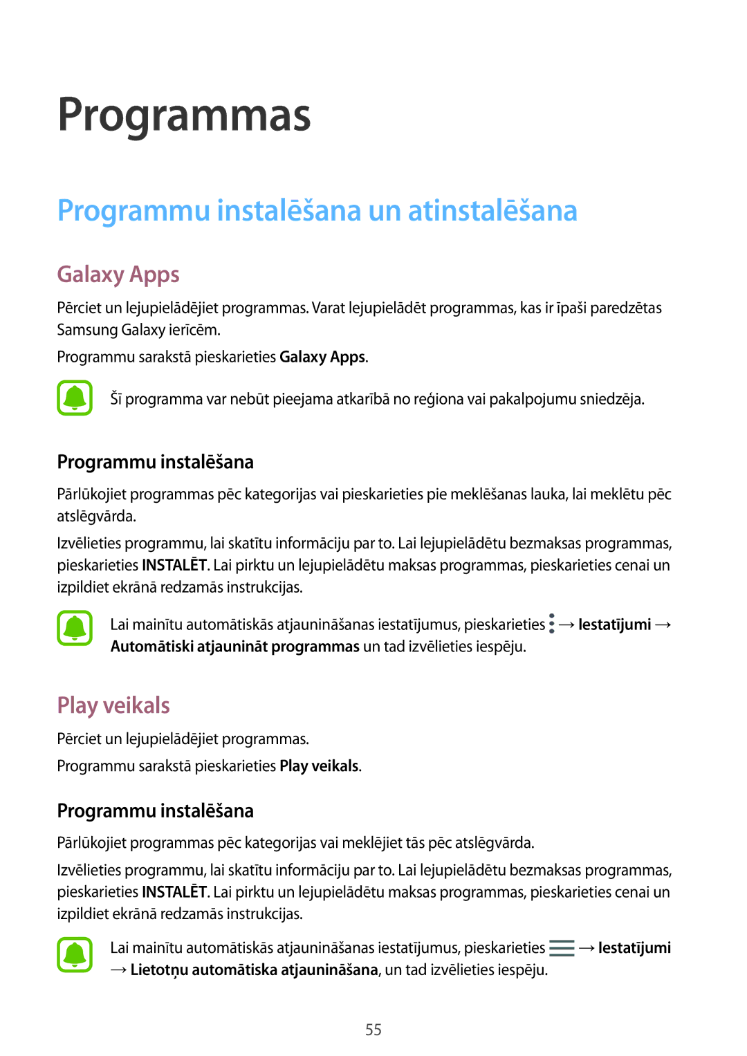 Samsung SM-G920FZBASEB manual Programmu instalēšana un atinstalēšana, Galaxy Apps, Play veikals 