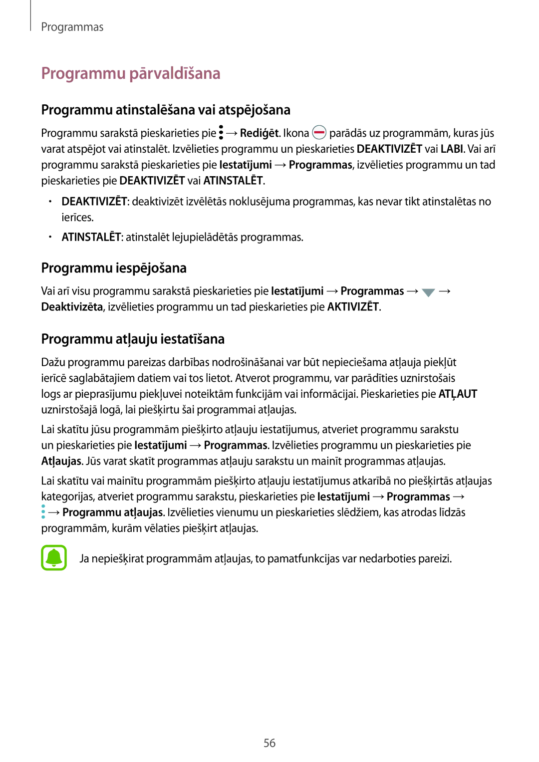 Samsung SM-G920FZBASEB manual Programmu pārvaldīšana, Programmu atinstalēšana vai atspējošana, Programmu iespējošana 