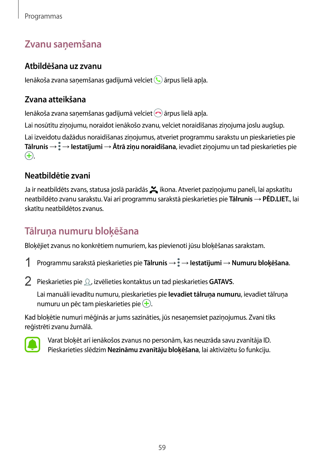 Samsung SM-G920FZBASEB manual Zvanu saņemšana, Tālruņa numuru bloķēšana, Atbildēšana uz zvanu, Zvana atteikšana 