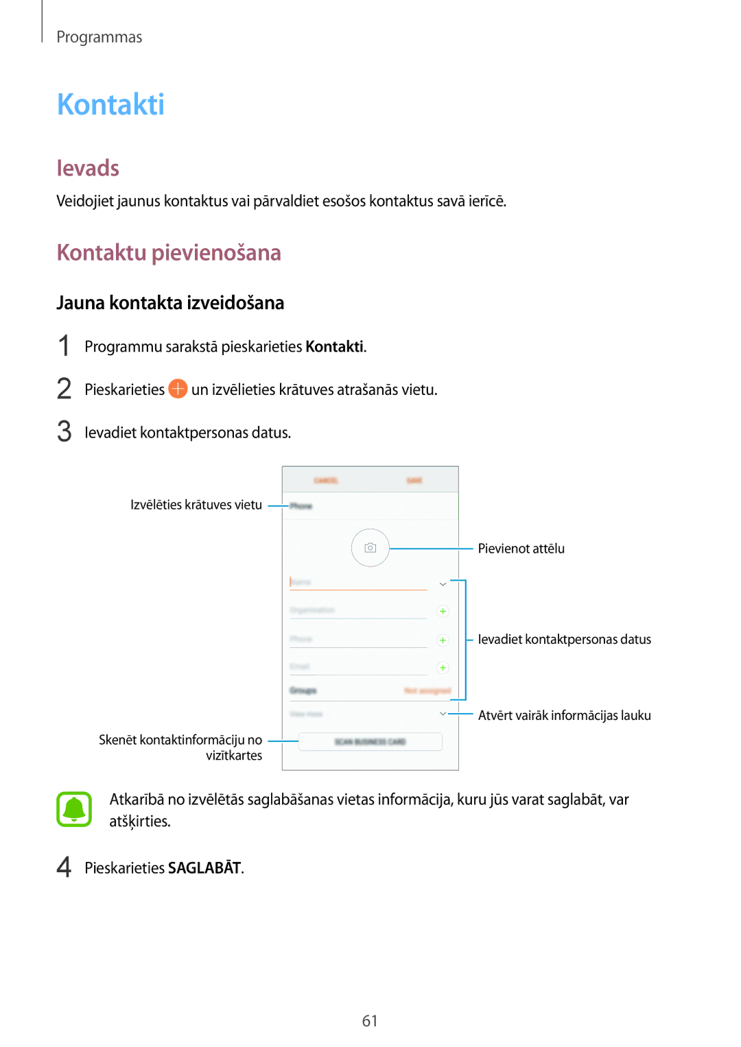 Samsung SM-G920FZBASEB manual Kontakti, Kontaktu pievienošana, Jauna kontakta izveidošana 