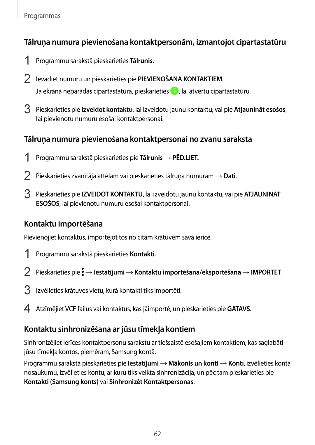 Samsung SM-G920FZBASEB manual Kontaktu importēšana, Kontaktu sinhronizēšana ar jūsu tīmekļa kontiem 