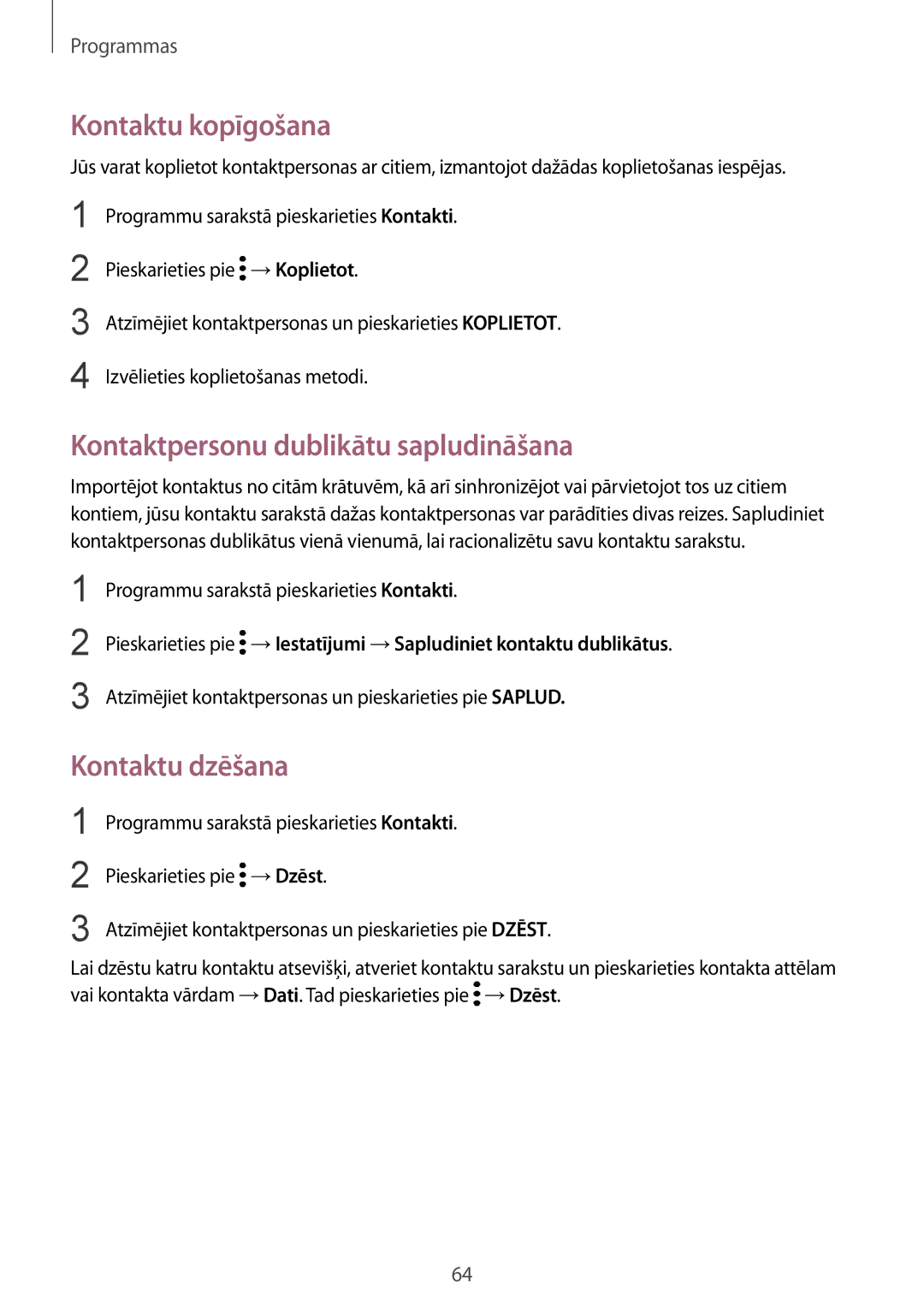 Samsung SM-G920FZBASEB manual Kontaktu kopīgošana, Kontaktpersonu dublikātu sapludināšana, Kontaktu dzēšana 