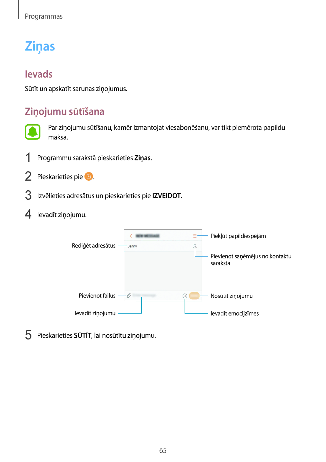 Samsung SM-G920FZBASEB manual Ziņas, Ziņojumu sūtīšana, Sūtīt un apskatīt sarunas ziņojumus 