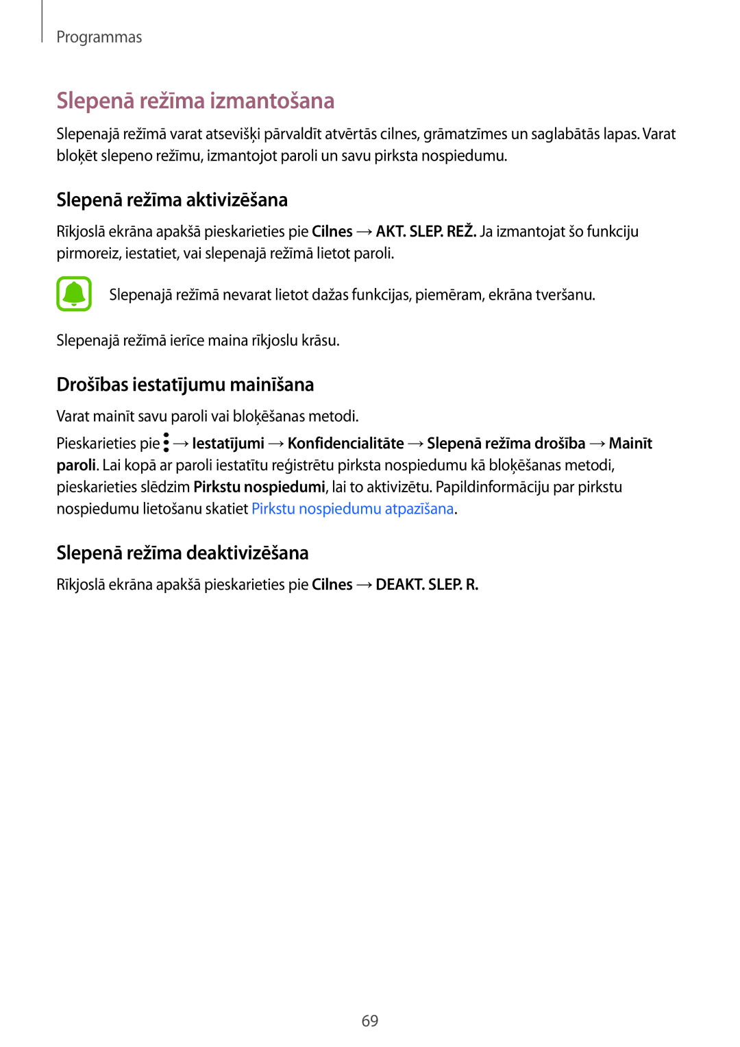 Samsung SM-G920FZBASEB manual Slepenā režīma izmantošana, Slepenā režīma aktivizēšana, Drošības iestatījumu mainīšana 