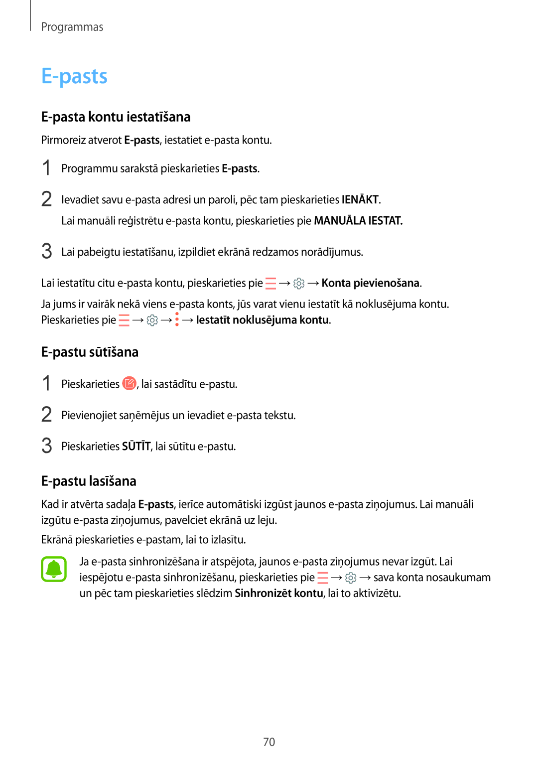 Samsung SM-G920FZBASEB manual Pasts, Pasta kontu iestatīšana, Pastu sūtīšana, Pastu lasīšana 