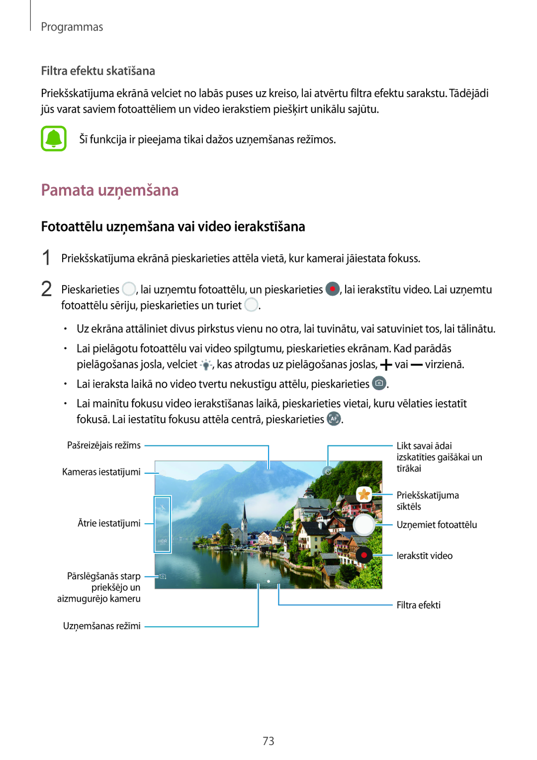 Samsung SM-G920FZBASEB manual Pamata uzņemšana, Fotoattēlu uzņemšana vai video ierakstīšana, Filtra efektu skatīšana 