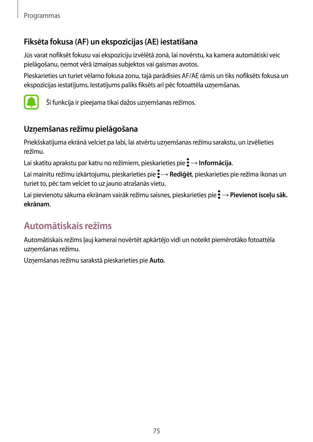 Samsung SM-G920FZBASEB manual Automātiskais režīms, Fiksēta fokusa AF un ekspozīcijas AE iestatīšana, Ekrānam 