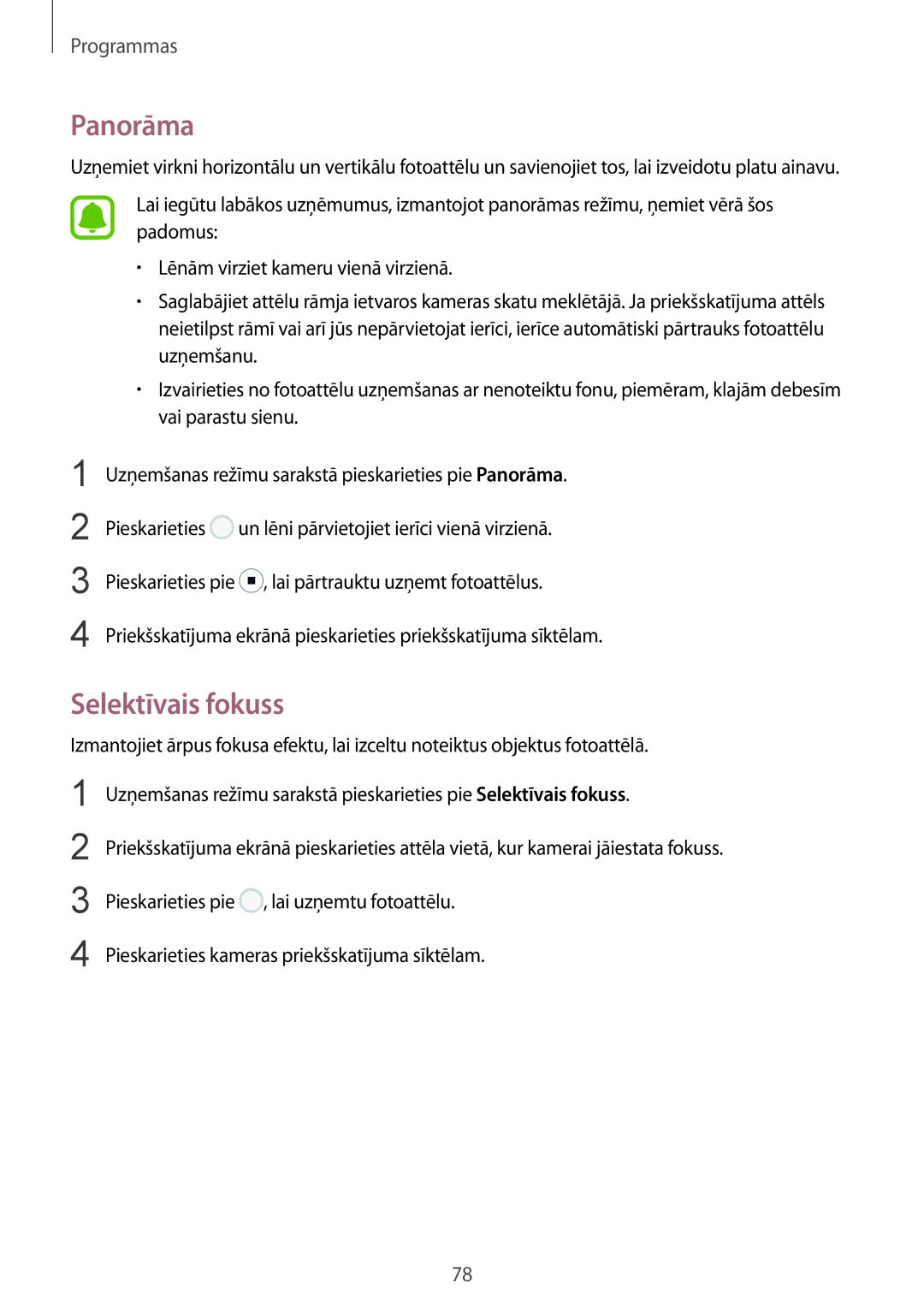 Samsung SM-G920FZBASEB manual Panorāma, Selektīvais fokuss 
