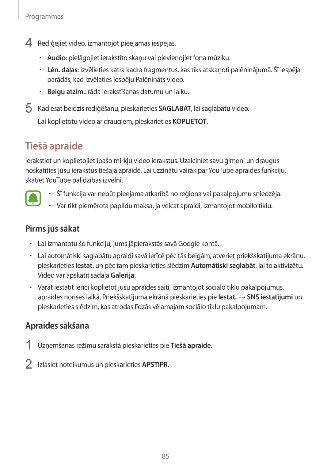 Samsung SM-G920FZBASEB manual Tiešā apraide, Pirms jūs sākat, Apraides sākšana 