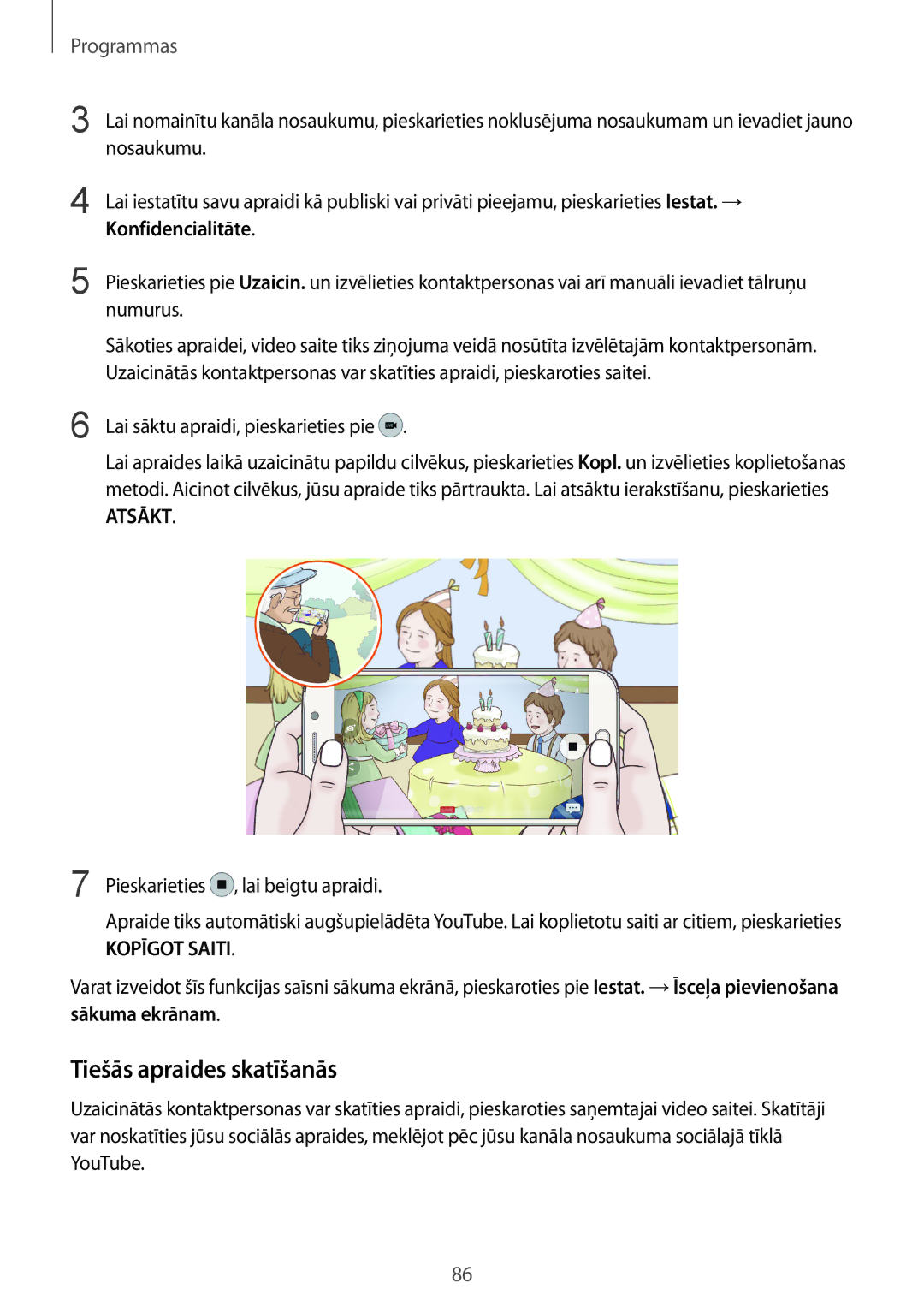 Samsung SM-G920FZBASEB manual Tiešās apraides skatīšanās, Konfidencialitāte, Sākuma ekrānam 