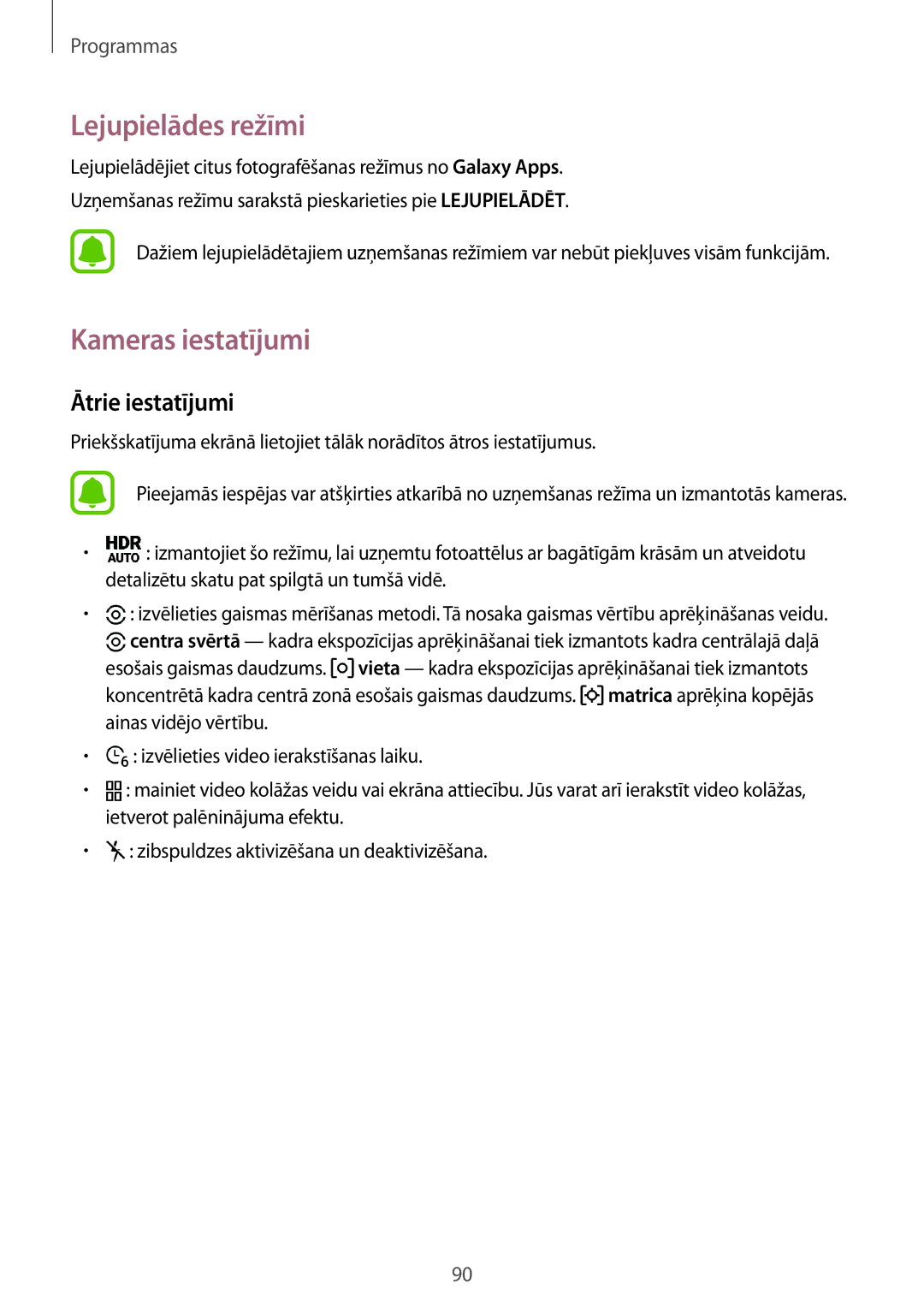 Samsung SM-G920FZBASEB manual Lejupielādes režīmi, Kameras iestatījumi, Ātrie iestatījumi 