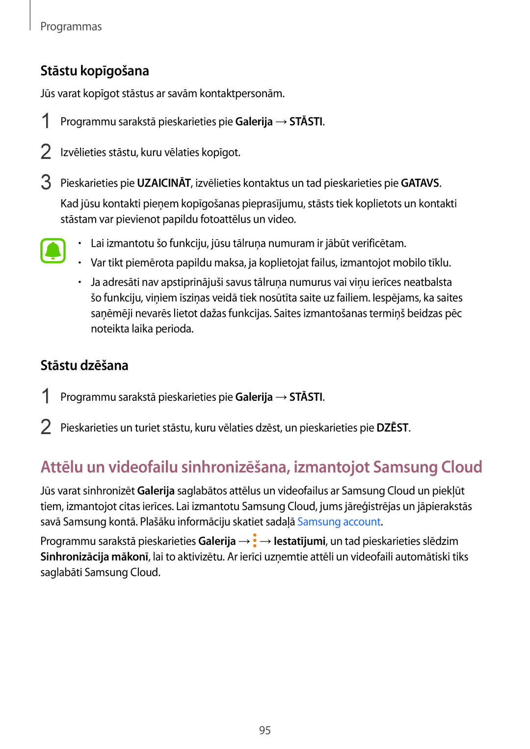 Samsung SM-G920FZBASEB manual Stāstu kopīgošana, Stāstu dzēšana 