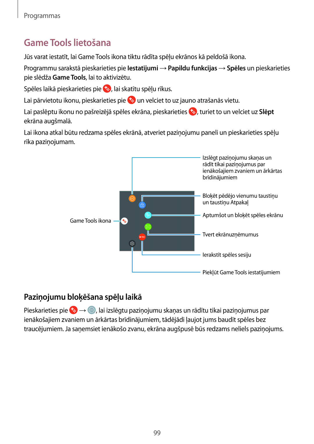 Samsung SM-G920FZBASEB manual Game Tools lietošana, Paziņojumu bloķēšana spēļu laikā 