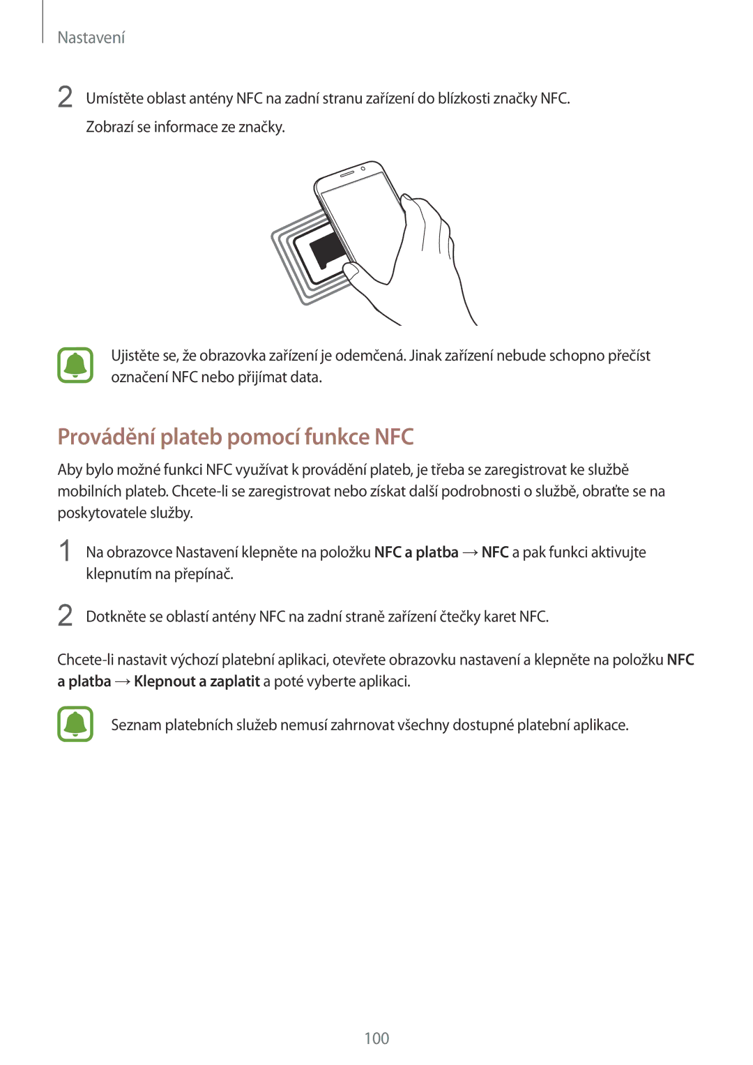 Samsung SM-G920FZBEETL, SM-G920FZDEETL, SM-G920FZKEETL, SM-G920FZWEETL manual Provádění plateb pomocí funkce NFC 