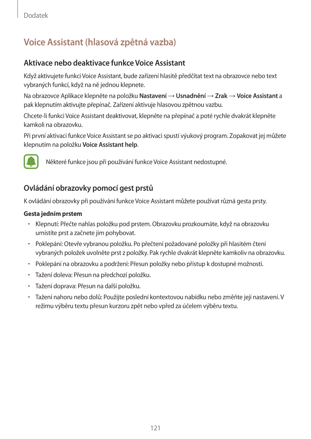 Samsung SM-G920FZDEETL manual Voice Assistant hlasová zpětná vazba, Aktivace nebo deaktivace funkce Voice Assistant 