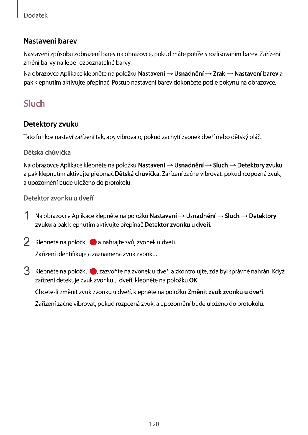 Samsung SM-G920FZBEETL, SM-G920FZDEETL, SM-G920FZKEETL, SM-G920FZWEETL manual Sluch, Nastavení barev, Detektory zvuku 