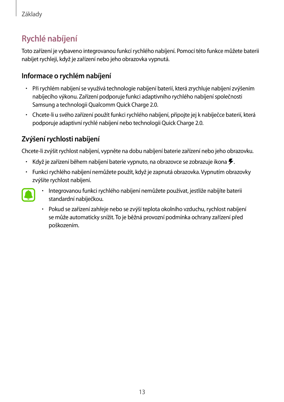 Samsung SM-G920FZDEETL, SM-G920FZBEETL manual Rychlé nabíjení, Informace o rychlém nabíjení, Zvýšení rychlosti nabíjení 