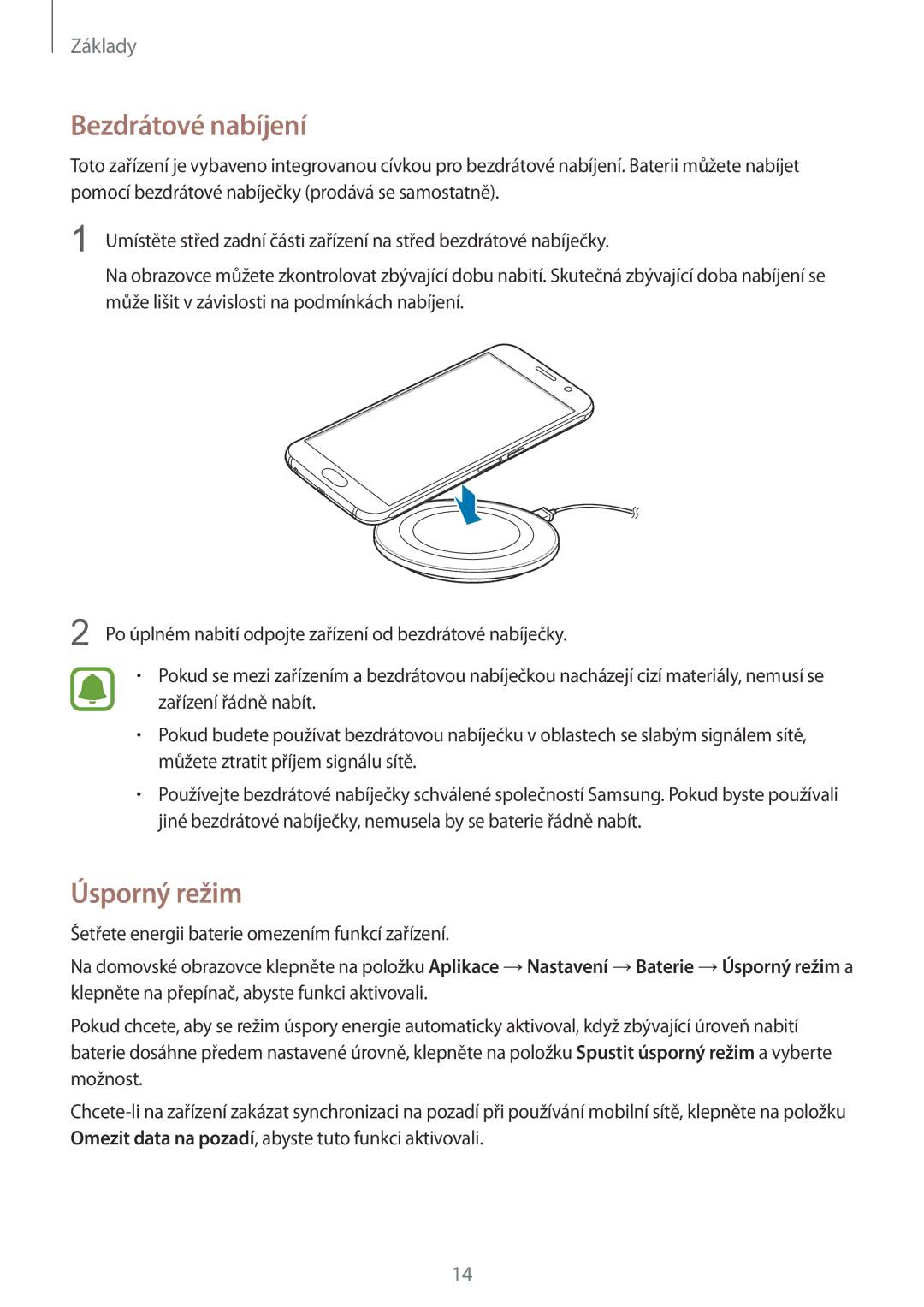 Samsung SM-G920FZKEETL, SM-G920FZBEETL, SM-G920FZDEETL, SM-G920FZWEETL manual Bezdrátové nabíjení, Úsporný režim 