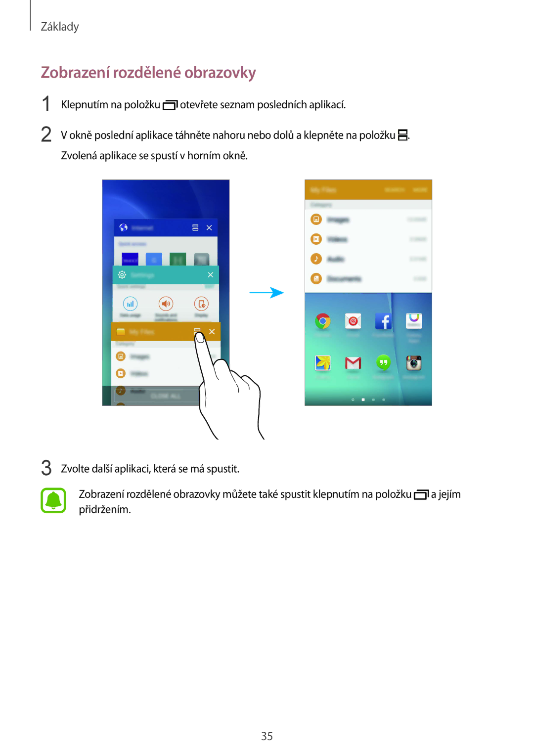 Samsung SM-G920FZWEETL, SM-G920FZBEETL, SM-G920FZDEETL, SM-G920FZKEETL manual Zobrazení rozdělené obrazovky 