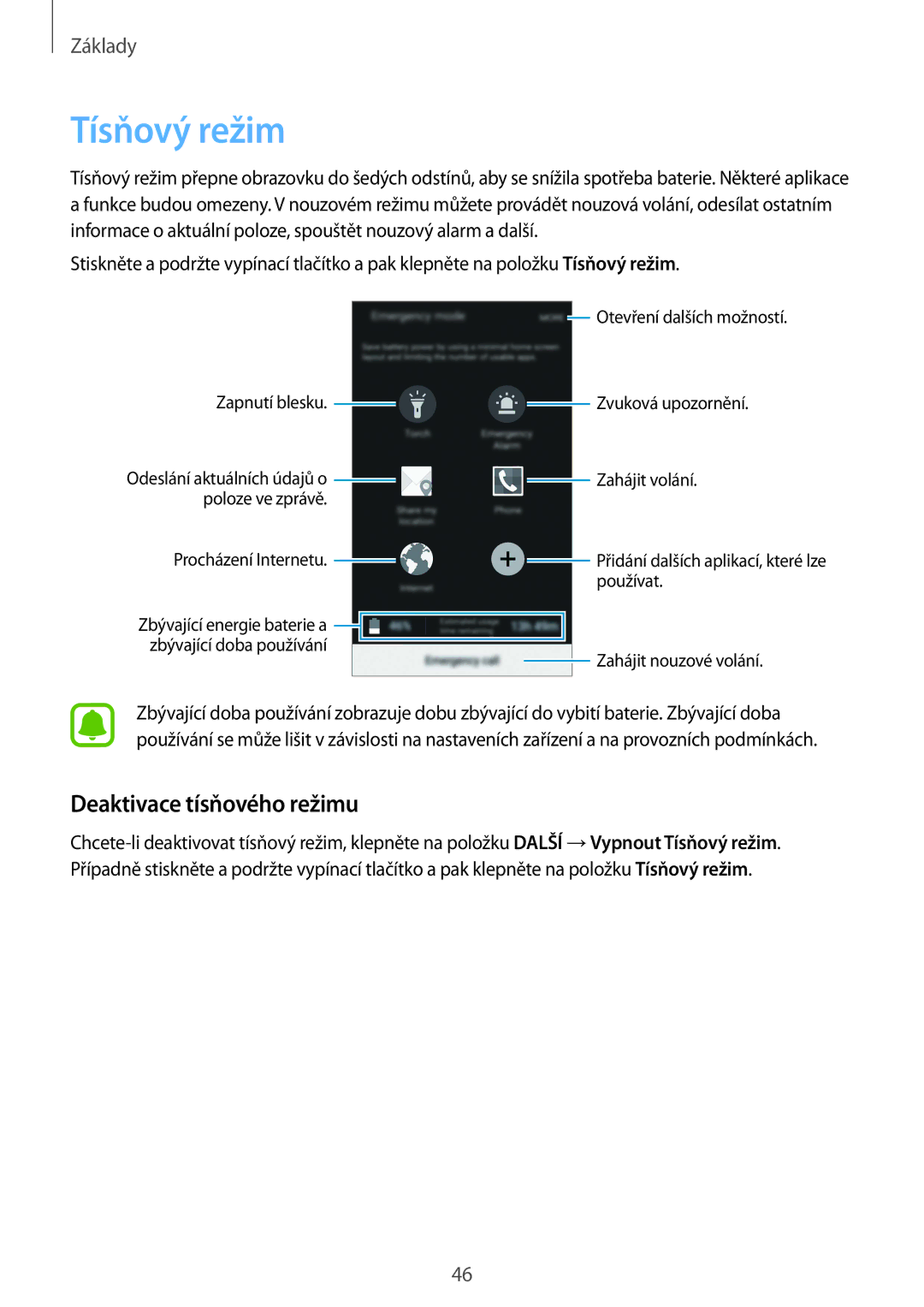 Samsung SM-G920FZKEETL, SM-G920FZBEETL, SM-G920FZDEETL, SM-G920FZWEETL manual Tísňový režim, Deaktivace tísňového režimu 