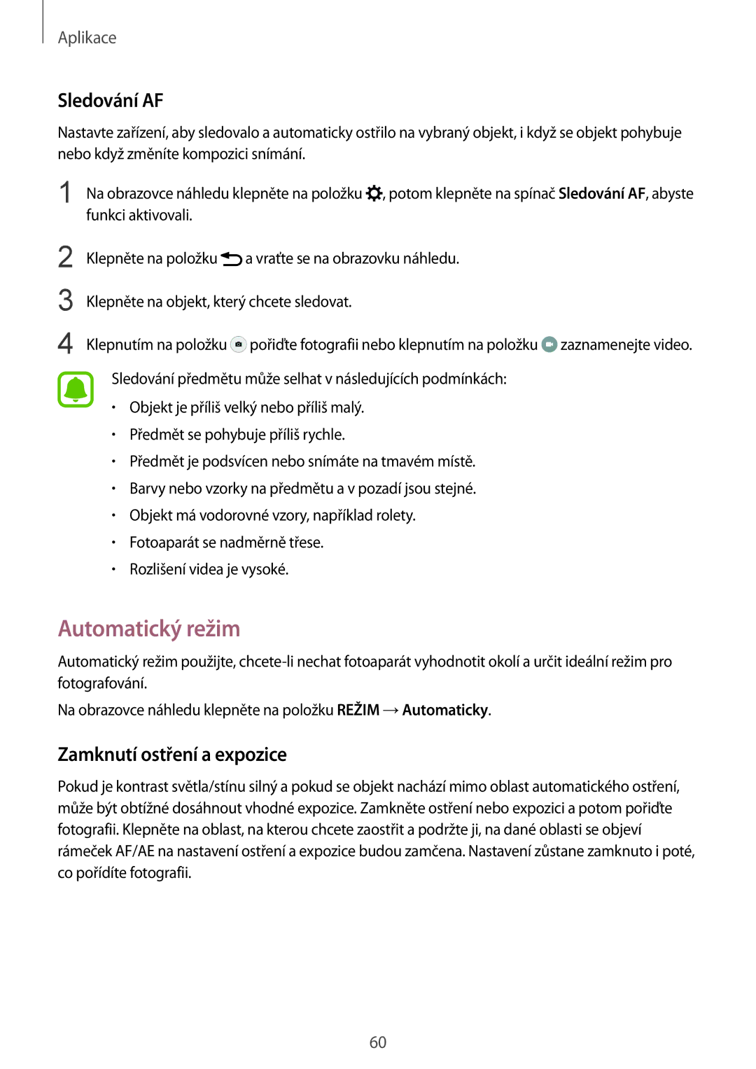 Samsung SM-G920FZBEETL, SM-G920FZDEETL, SM-G920FZKEETL manual Automatický režim, Sledování AF, Zamknutí ostření a expozice 