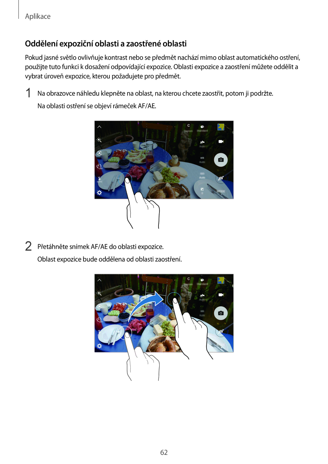 Samsung SM-G920FZKEETL, SM-G920FZBEETL, SM-G920FZDEETL, SM-G920FZWEETL manual Oddělení expoziční oblasti a zaostřené oblasti 