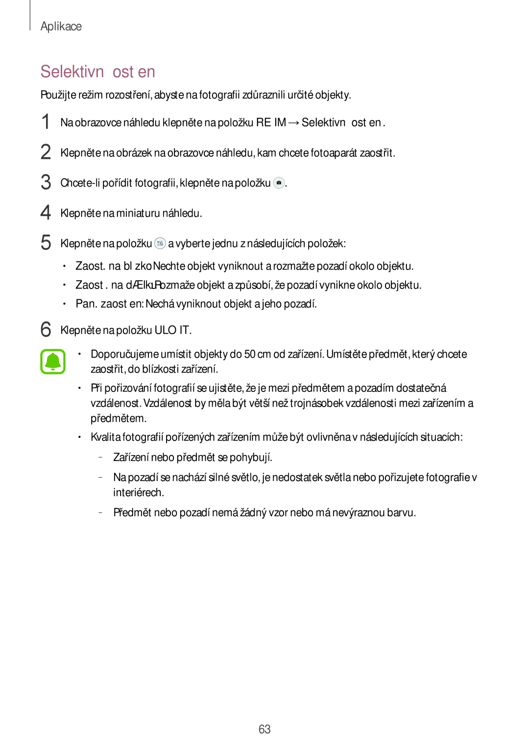 Samsung SM-G920FZWEETL, SM-G920FZBEETL, SM-G920FZDEETL, SM-G920FZKEETL manual Selektivní ostření 