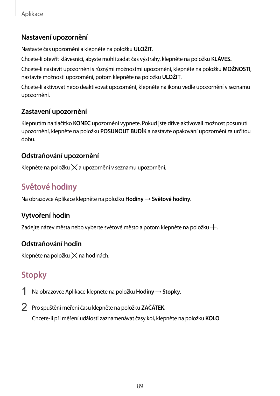 Samsung SM-G920FZDEETL, SM-G920FZBEETL, SM-G920FZKEETL, SM-G920FZWEETL manual Světové hodiny, Stopky 