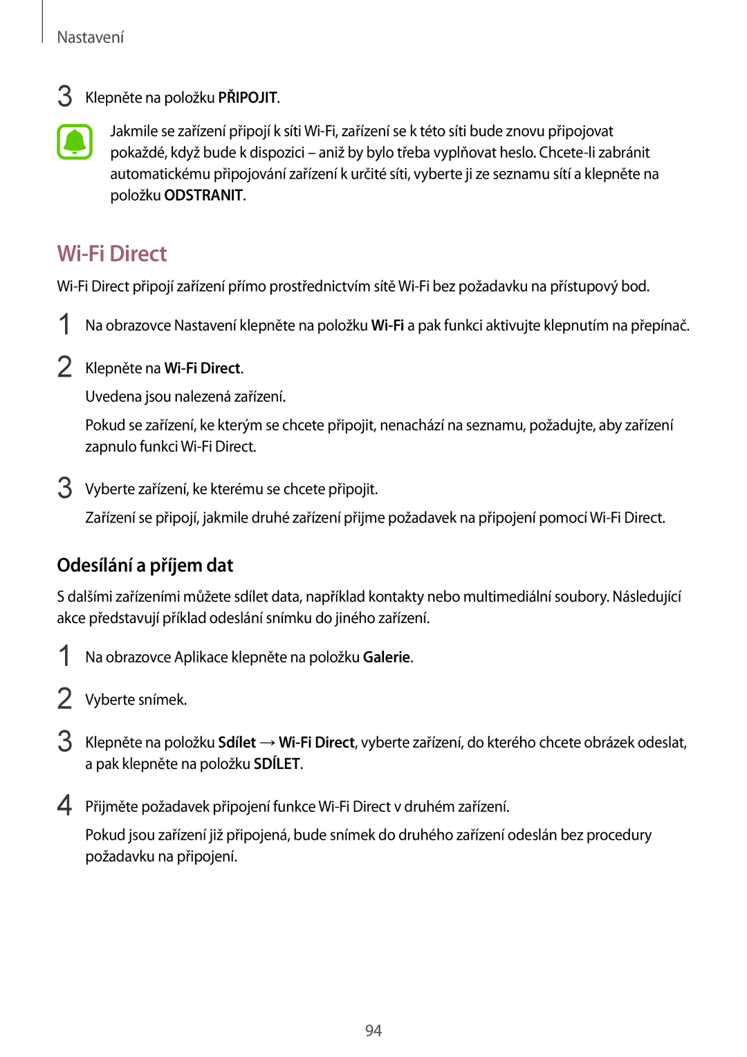 Samsung SM-G920FZKEETL, SM-G920FZBEETL, SM-G920FZDEETL, SM-G920FZWEETL manual Wi-Fi Direct, Odesílání a příjem dat 