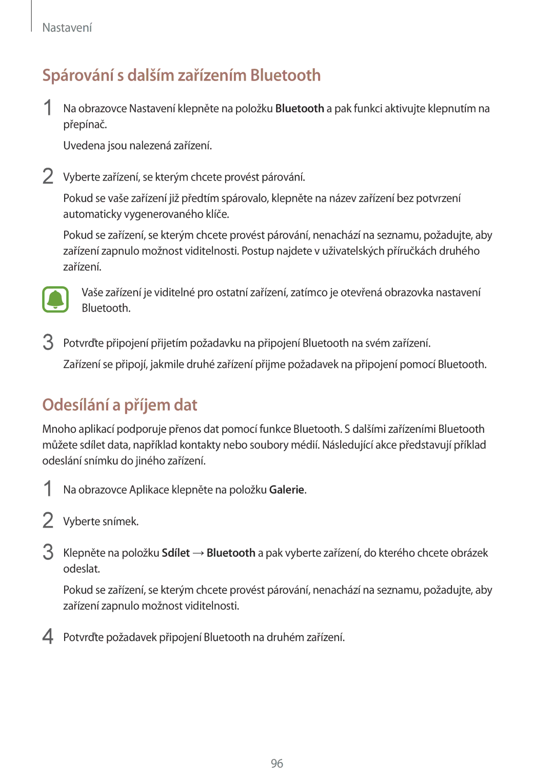 Samsung SM-G920FZBEETL, SM-G920FZDEETL, SM-G920FZKEETL manual Spárování s dalším zařízením Bluetooth, Odesílání a příjem dat 