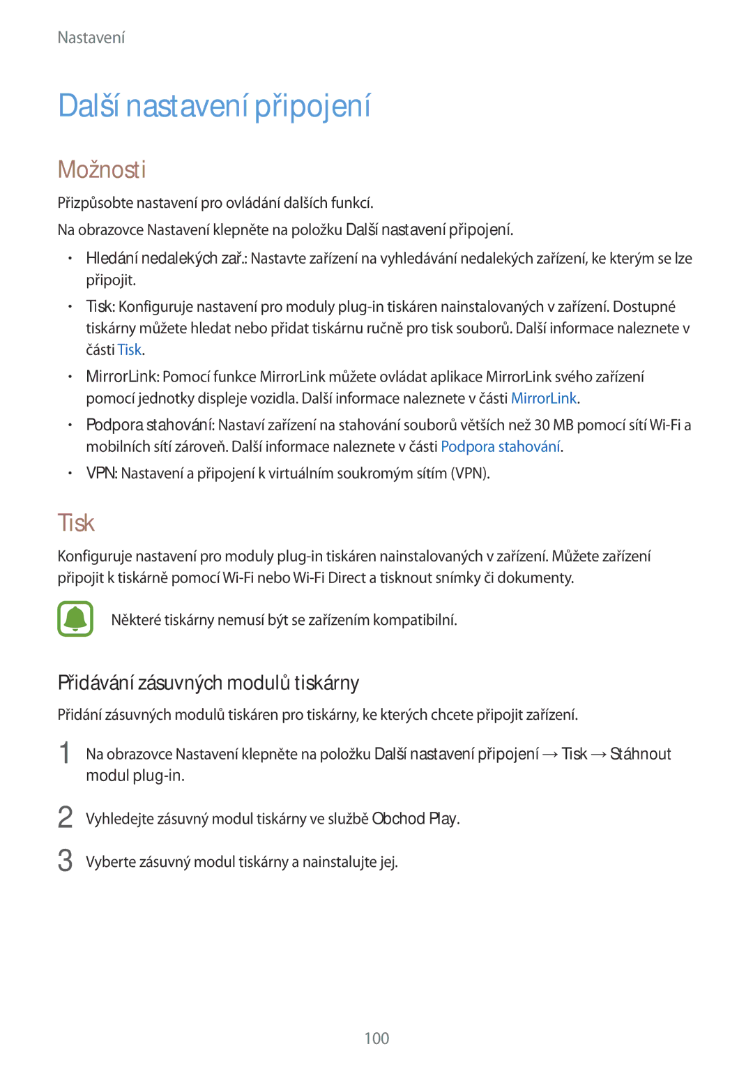 Samsung SM-G920FZBEETL manual Další nastavení připojení, Možnosti, Tisk, Přidávání zásuvných modulů tiskárny, Modul plug-in 