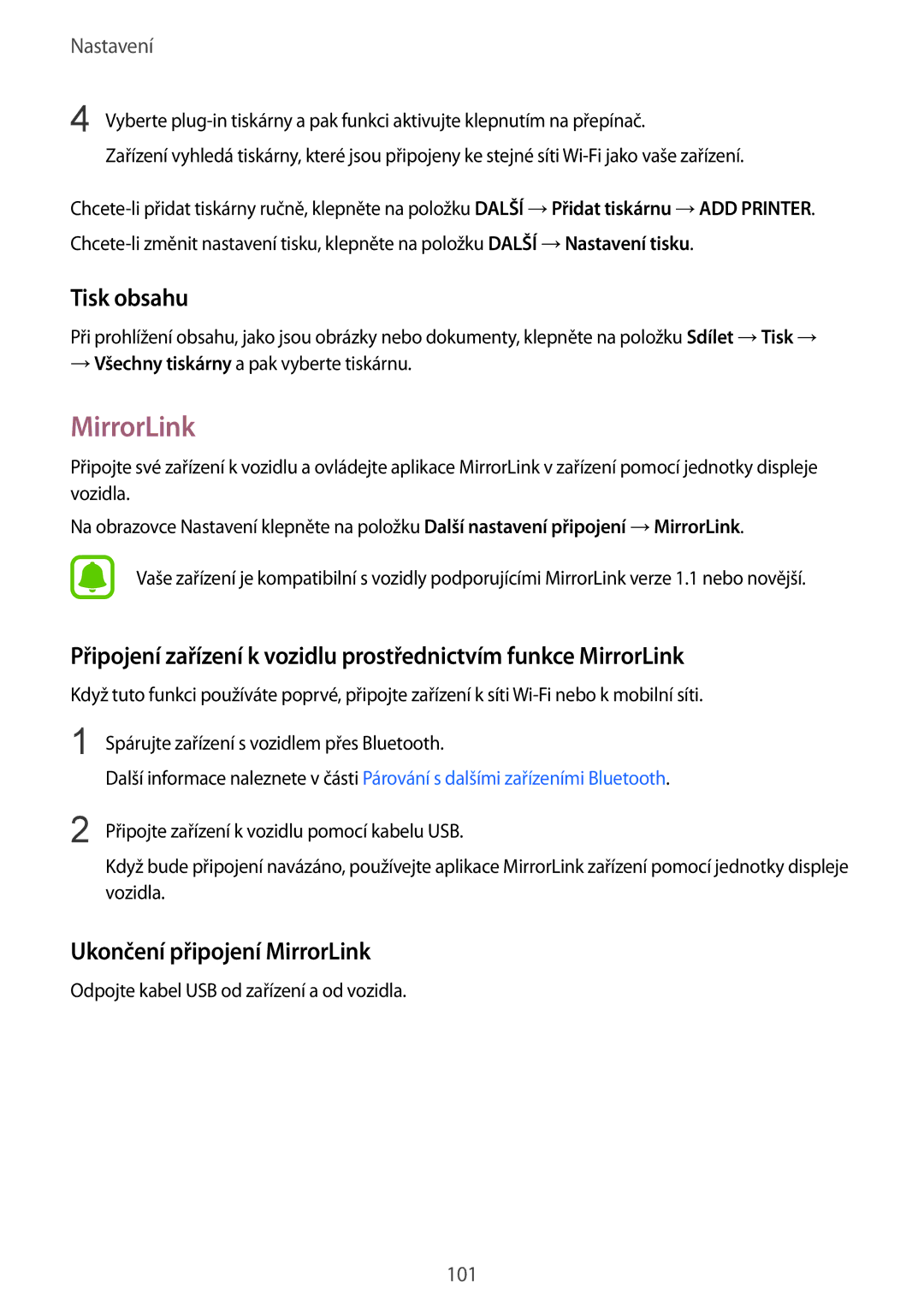 Samsung SM-G920FZDEETL, SM-G920FZBEETL, SM-G920FZKEETL, SM-G920FZWEETL manual Tisk obsahu, Ukončení připojení MirrorLink 