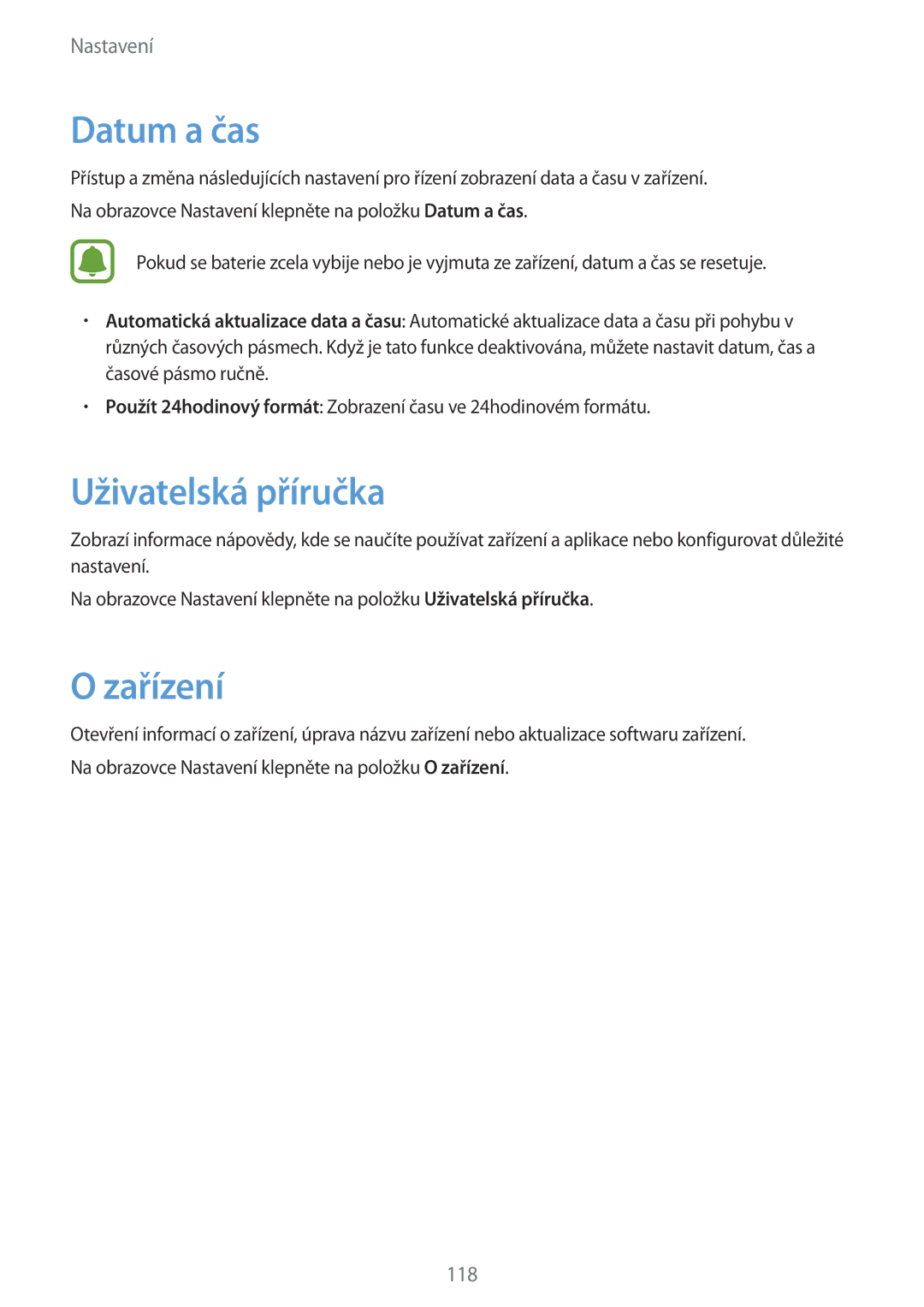 Samsung SM-G920FZKEETL, SM-G920FZBEETL, SM-G920FZDEETL, SM-G920FZWEETL manual Datum a čas, Uživatelská příručka, Zařízení 