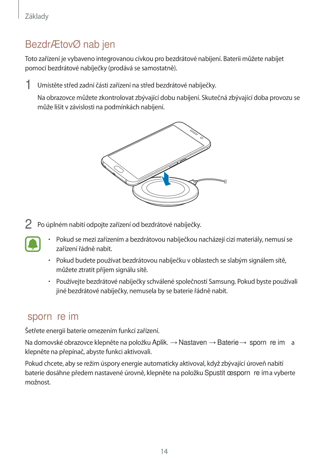 Samsung SM-G920FZKEETL, SM-G920FZBEETL, SM-G920FZDEETL, SM-G920FZWEETL manual Bezdrátové nabíjení, Úsporný režim 