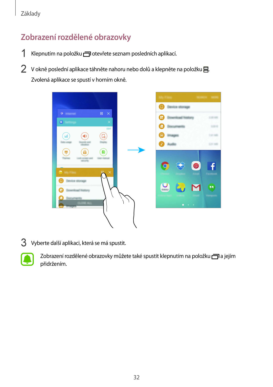 Samsung SM-G920FZBEETL, SM-G920FZDEETL, SM-G920FZKEETL, SM-G920FZWEETL manual Zobrazení rozdělené obrazovky 